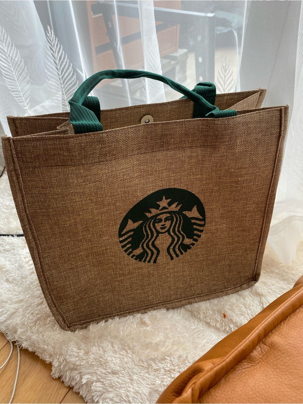 Starbucks Brown Jute Tote with Green Logo and Handles